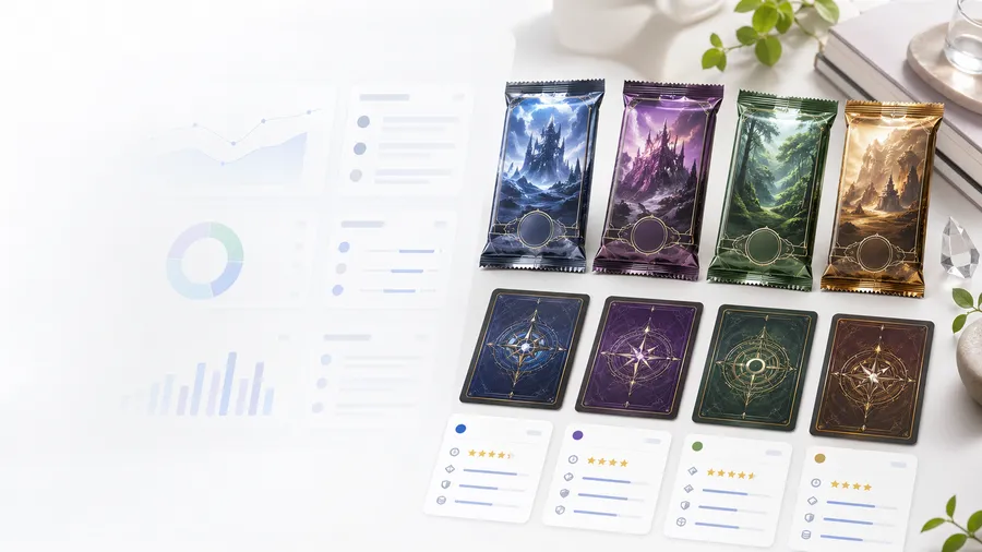 架空のTCGパックと比較カードを並べたプロトタイプ用ビジュアル